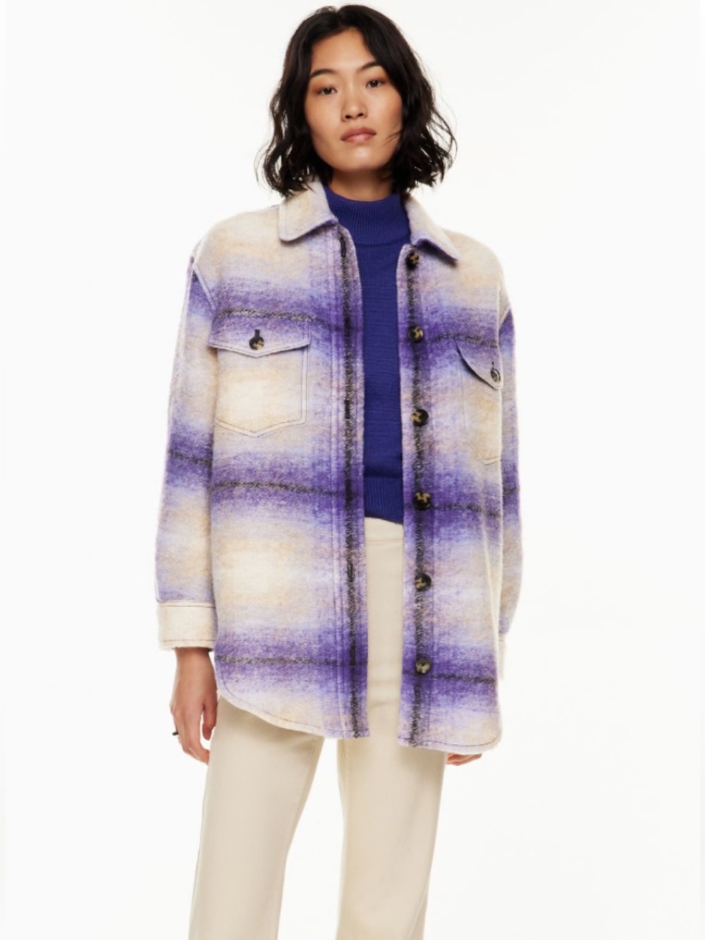 Wilfred Cream & Purple Plaid Ganna Jacket | Oversized Shacket | Size M